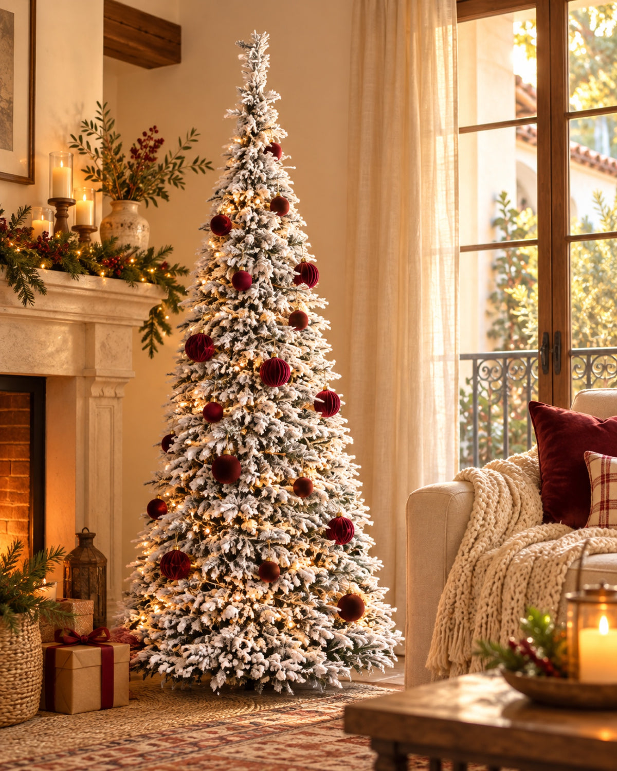 Árbol de Navidad Nevado Plegable Efecto Pino (1,5 m) en una casa decorada para Navidad