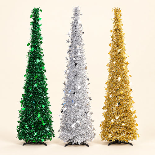 Árbol de Navidad Plegable de Espumillón Verde, Blanco o Dorado (1,2 o 1,5 m)
