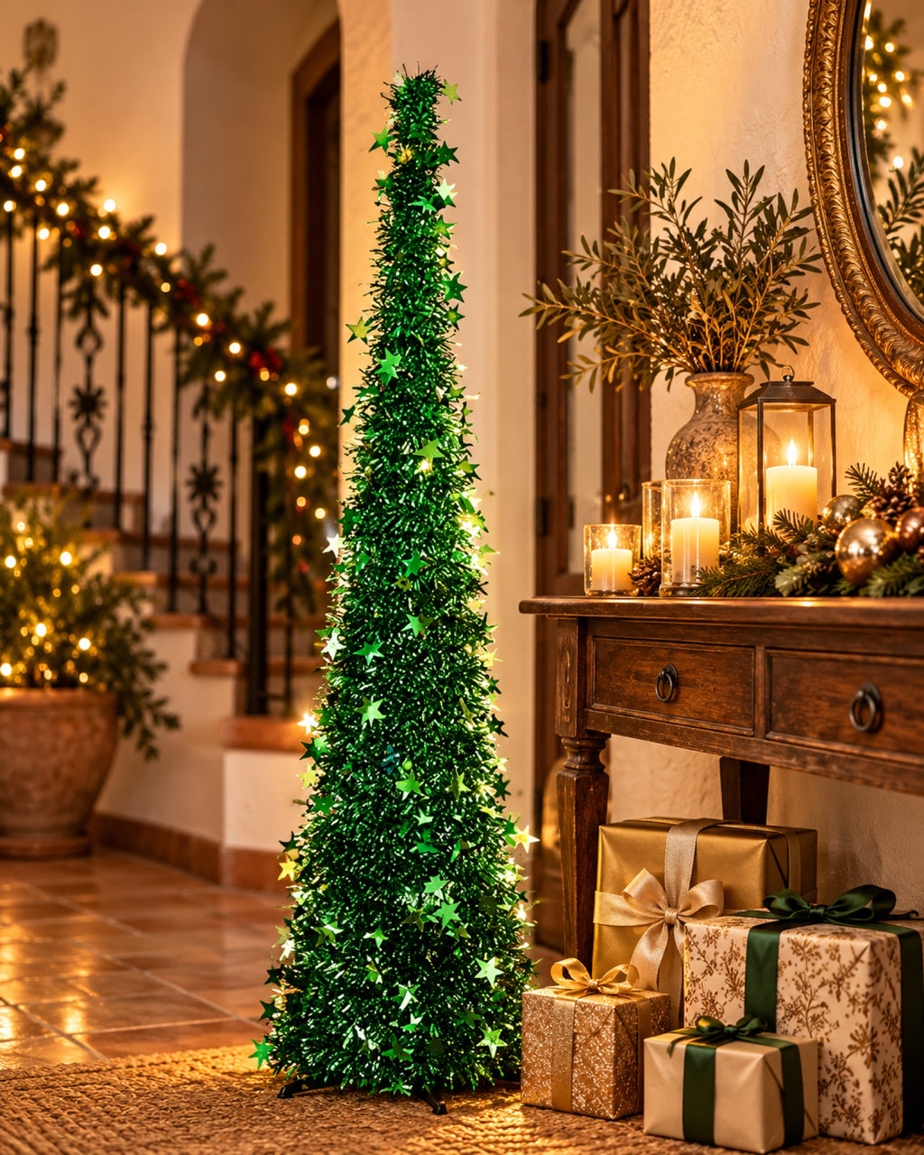 Árbol de Navidad Plegable de Espumillón Verde, Blanco o Dorado (1,2 o 1,5 m) en una casa decorada para Navidad