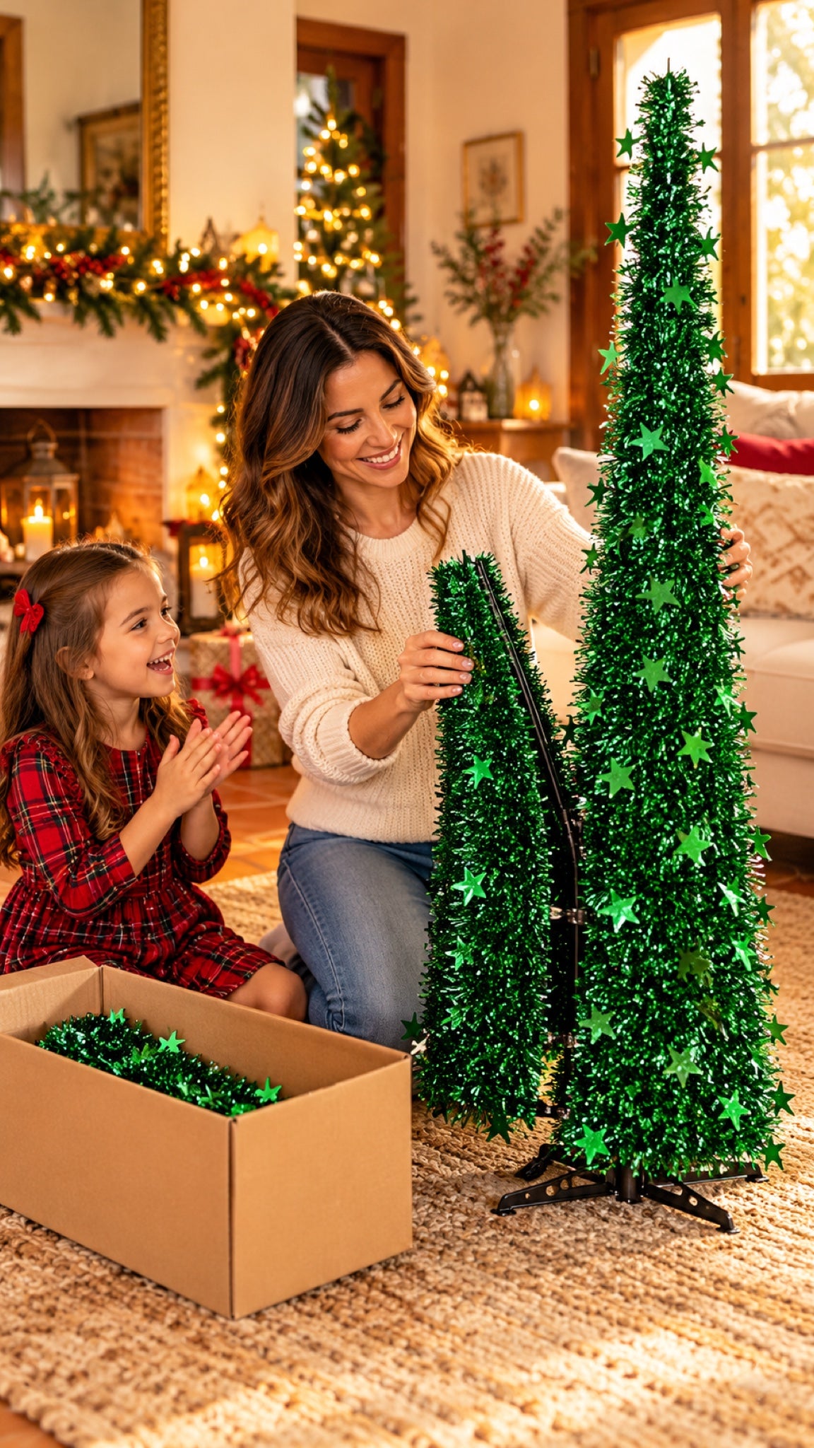 Árbol de Navidad Plegable de Espumillón Verde, Blanco o Dorado (1,2 o 1,5 m) en familia