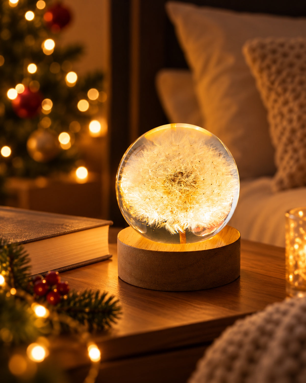 Bola de cristal luminosa con flor natural y base de madera en una casa decorada para Navidad
