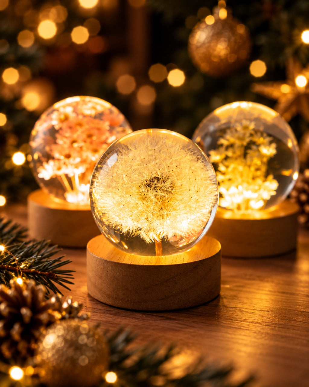 Bola de cristal luminosa con flor natural y base de madera, detalle