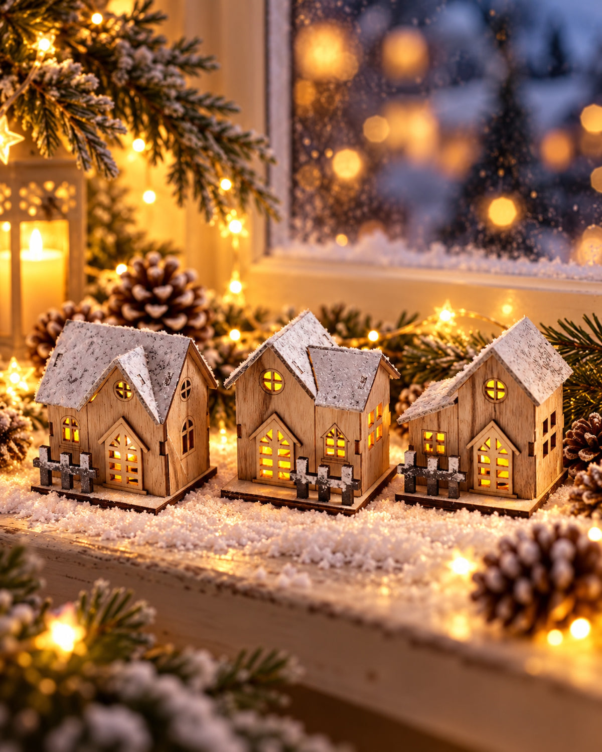 Casita Navideña de Madera con Luz LED en una casa decorada para Navidad
