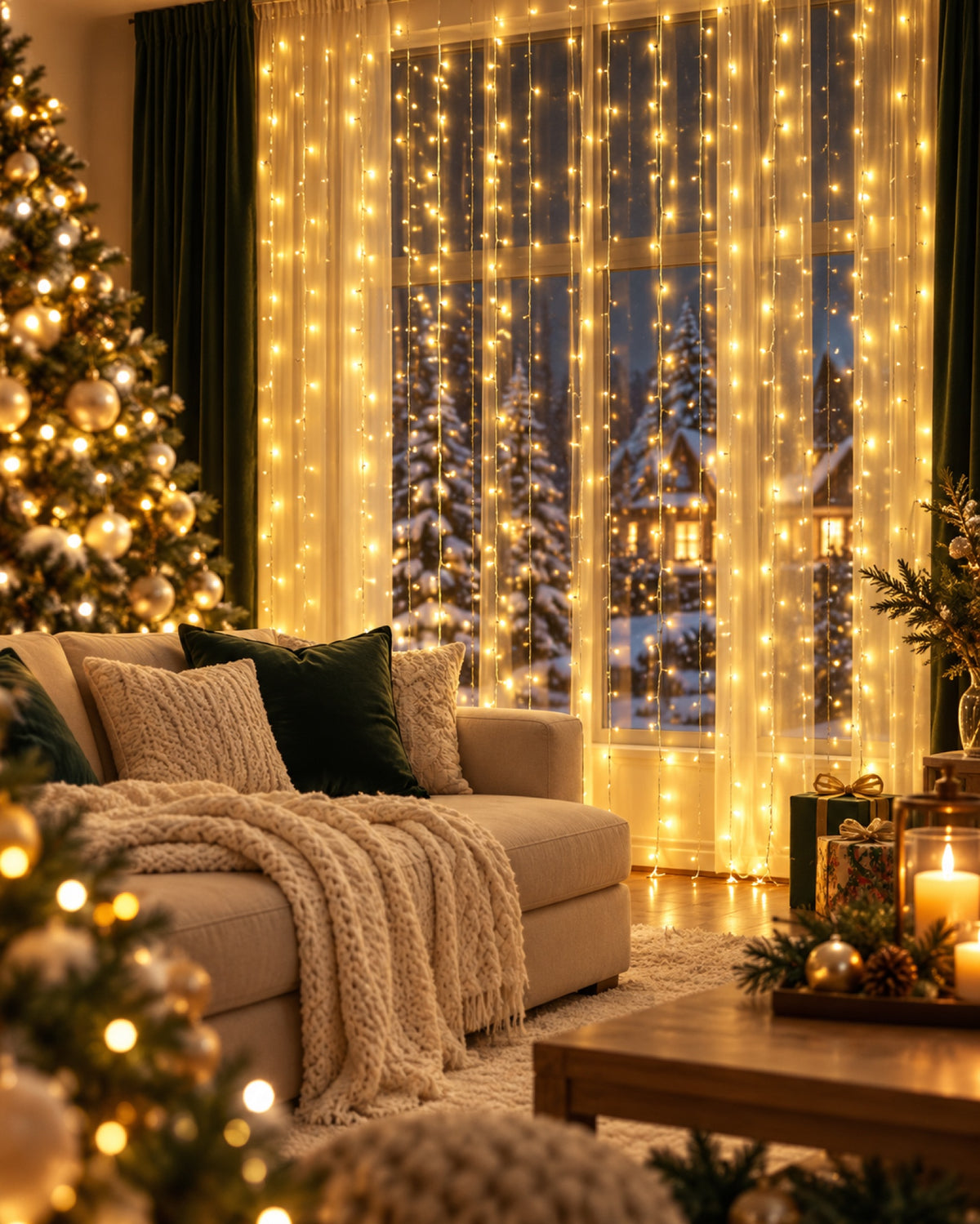 Cortina de Luces LED Navideña con Mando (3x3 m) en una casa decorada para Navidad