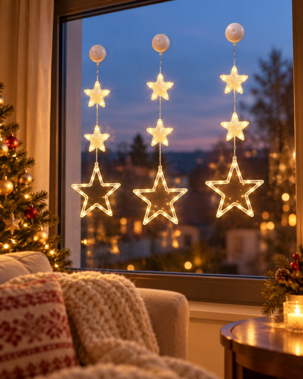 Estrellas LED colgadas en la ventana de un salón decorado para Navidad