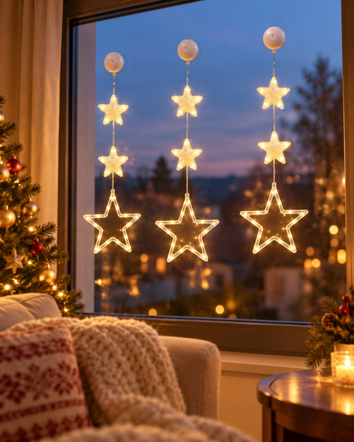 Estrellas LED colgadas en la ventana de un salón decorado para Navidad