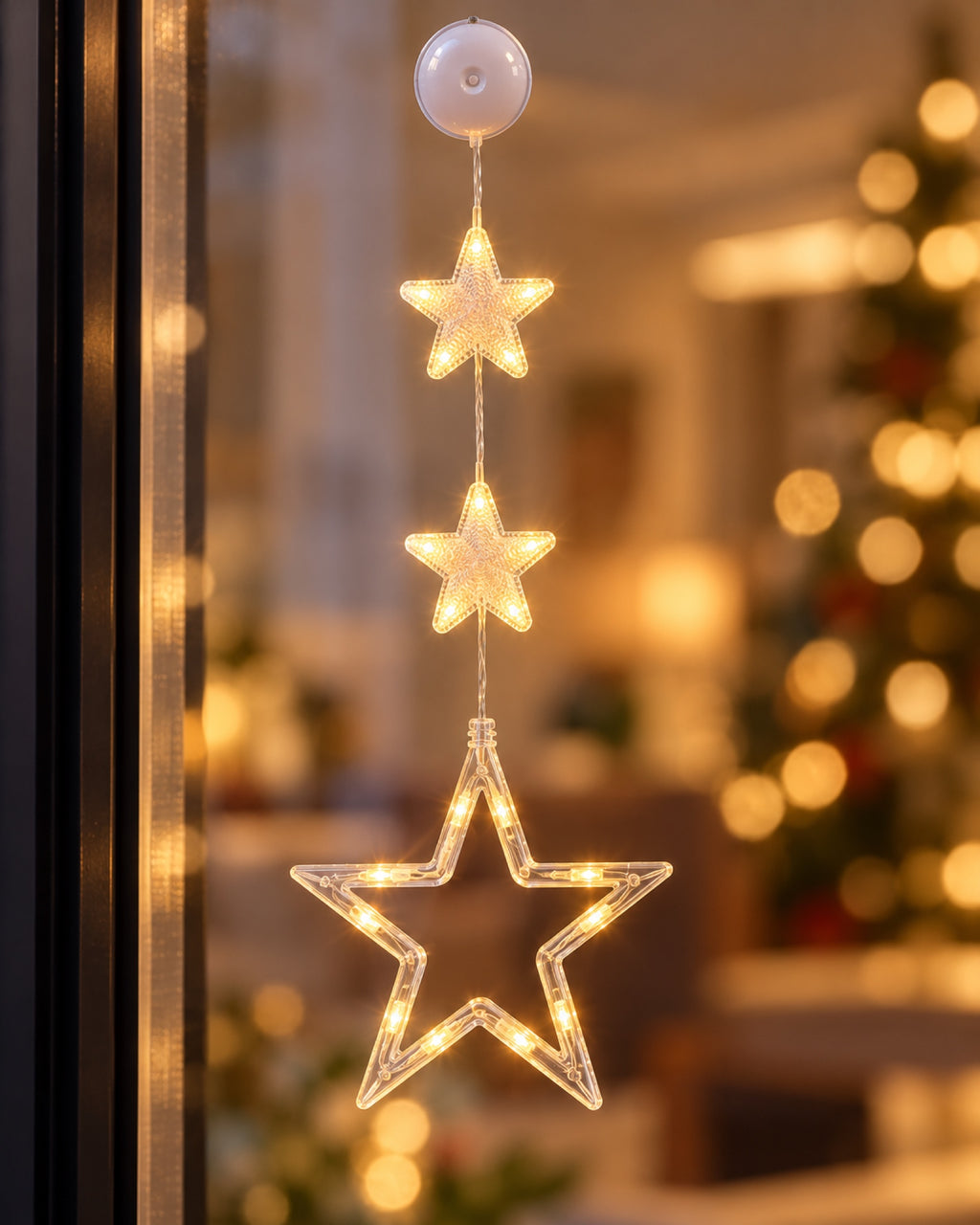 Detalle de una estrella LED encendida en el cristal