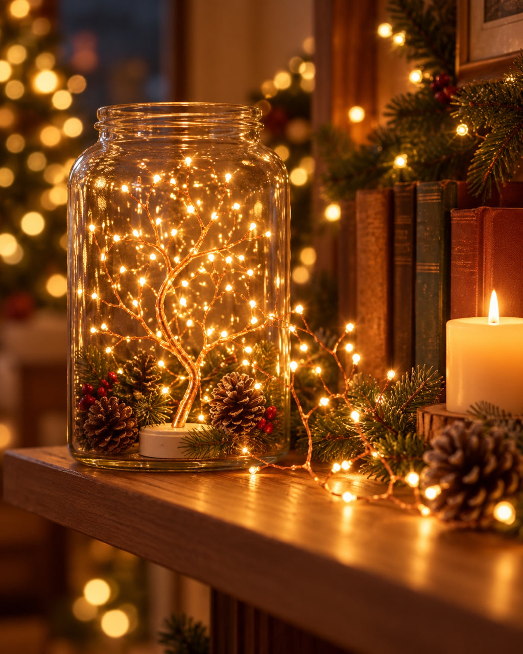 Guirnalda de luces LED de alambre de cobre en una casa decorada para Navidad