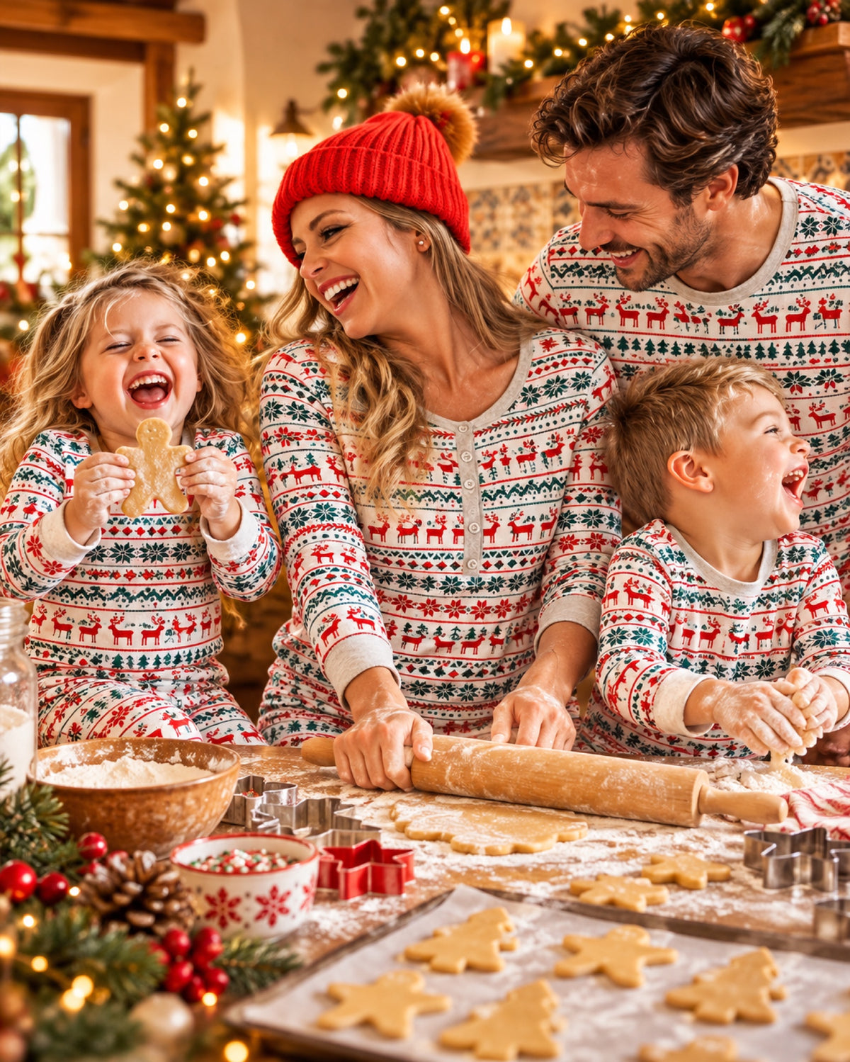 Pijama de Navidad familiar estampado en una casa decorada para Navidad