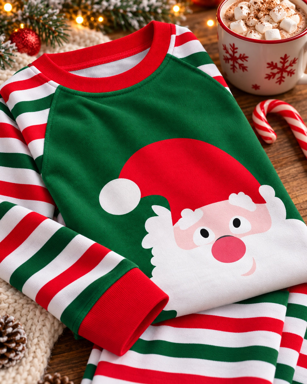Pijama de Navidad familiar a rayas rojas, detalle