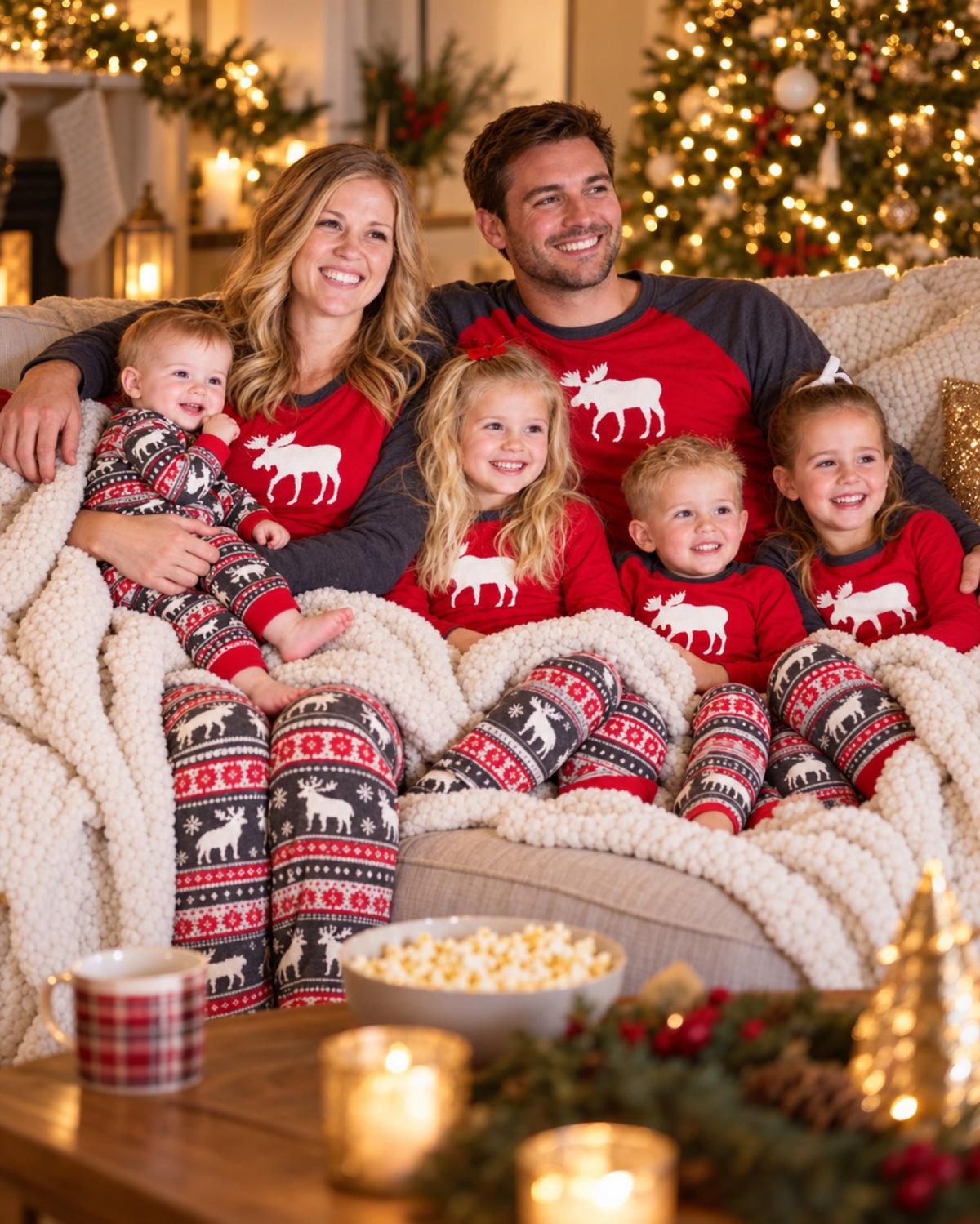 Pijama de Navidad rojo a juego para toda la familia en una casa decorada para Navidad