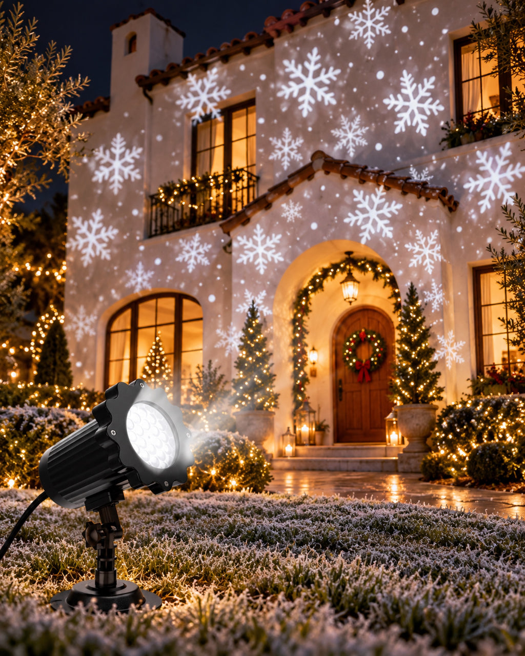 Proyector LED de Copos de Nieve para Exterior con Mando en una casa decorada para Navidad