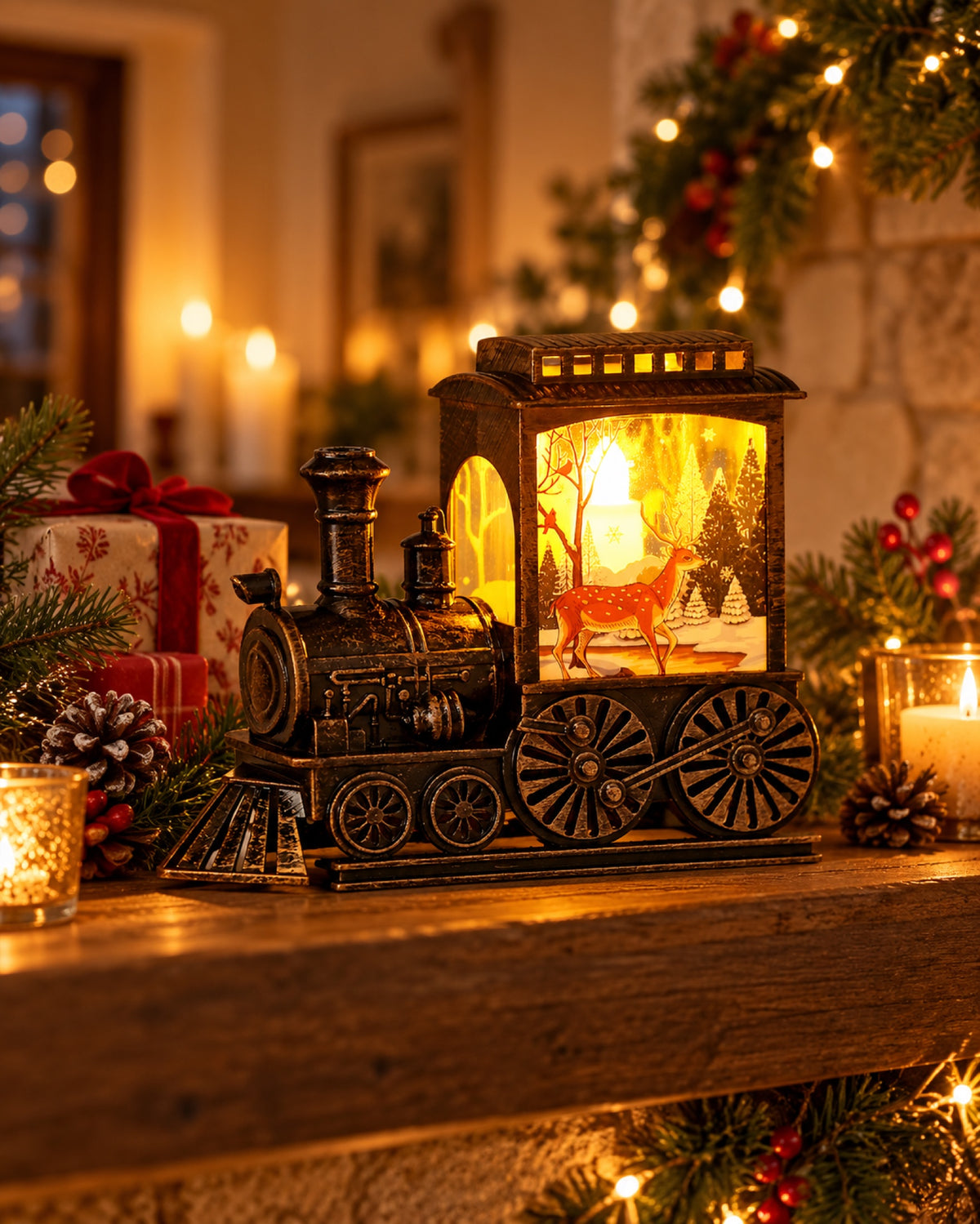 Tren Navideño Vintage con Luz LED en una casa decorada para Navidad