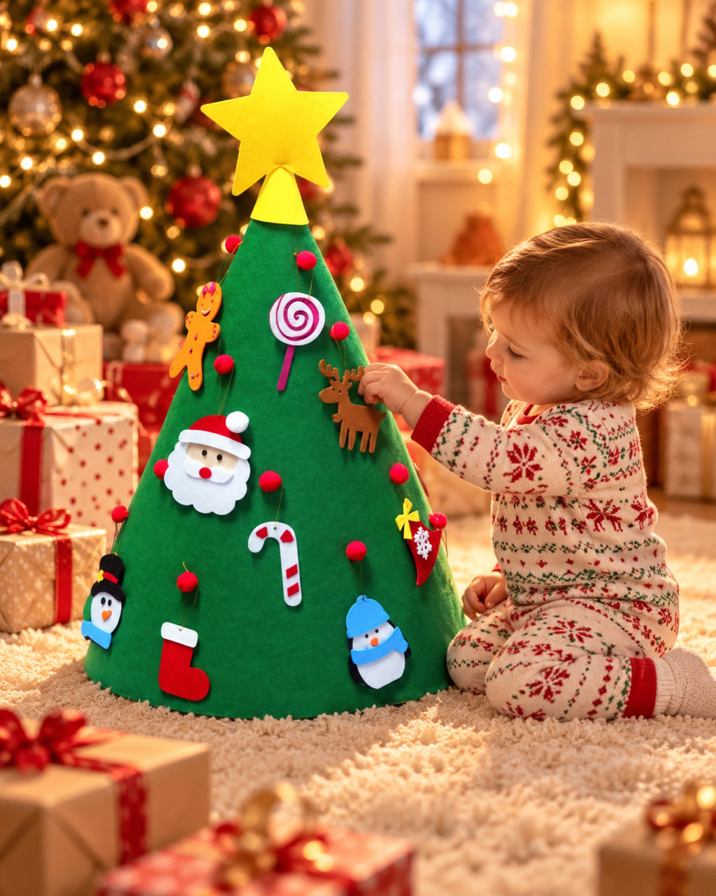 Árbol de Navidad de fieltro para niños en una casa decorada para Navidad