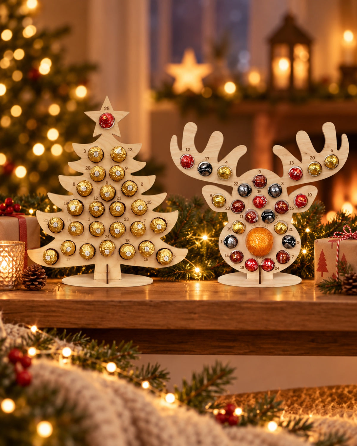 Calendario de adviento de madera en una casa decorada para Navidad