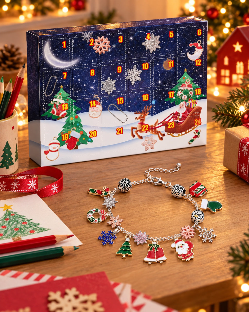 Calendario de adviento de pulseras para niños en una casa decorada para Navidad