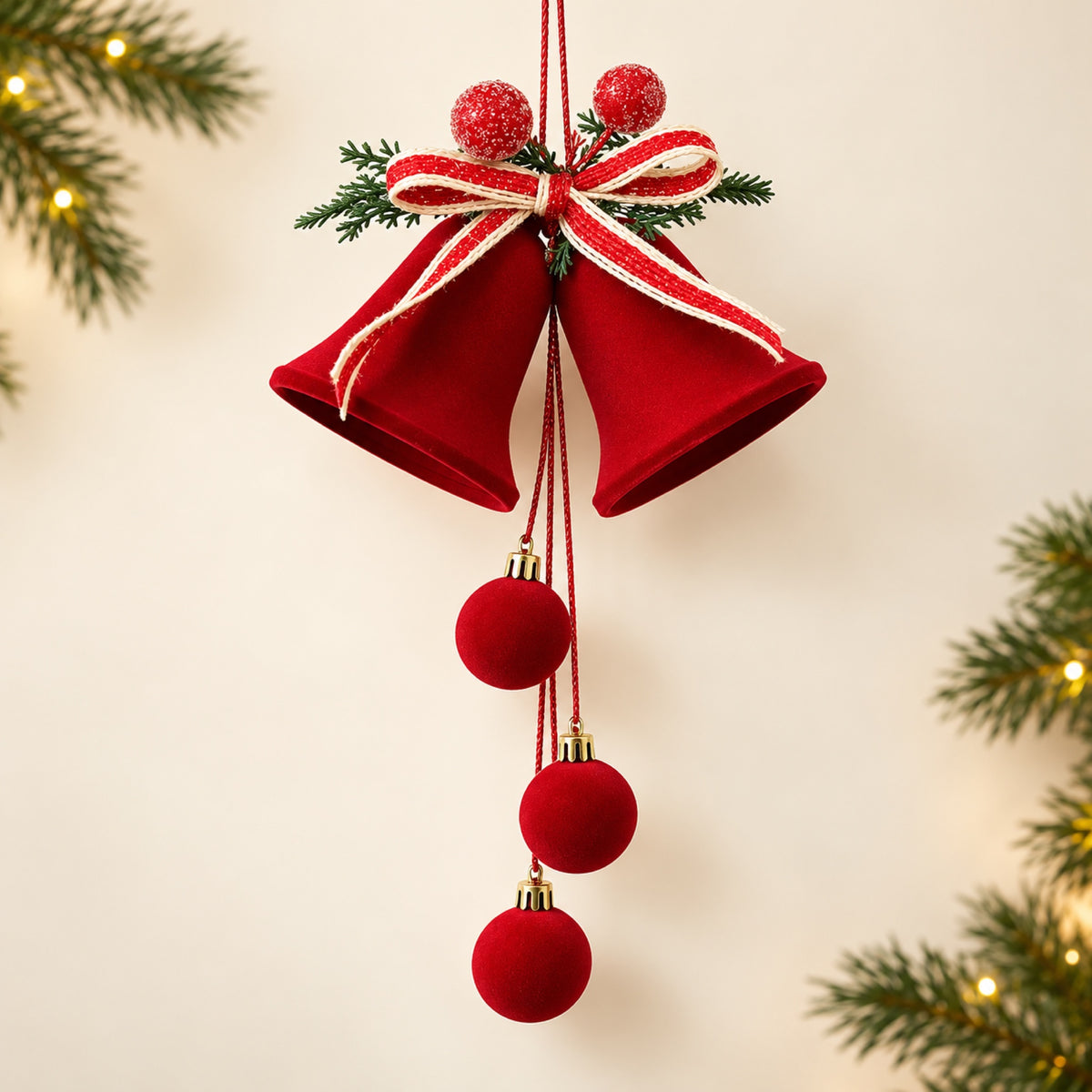 Campanas Navideñas de Terciopelo Rojo para Colgar