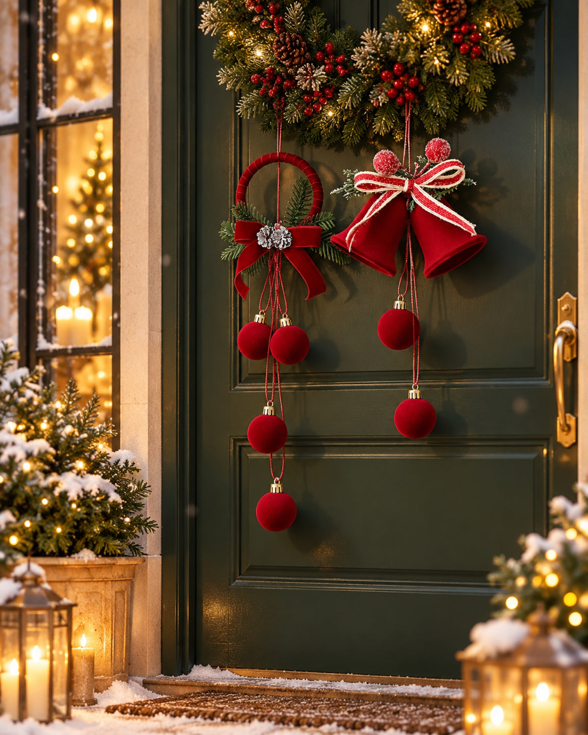 Campanas Navideñas de Terciopelo Rojo para Colgar en una casa decorada para Navidad