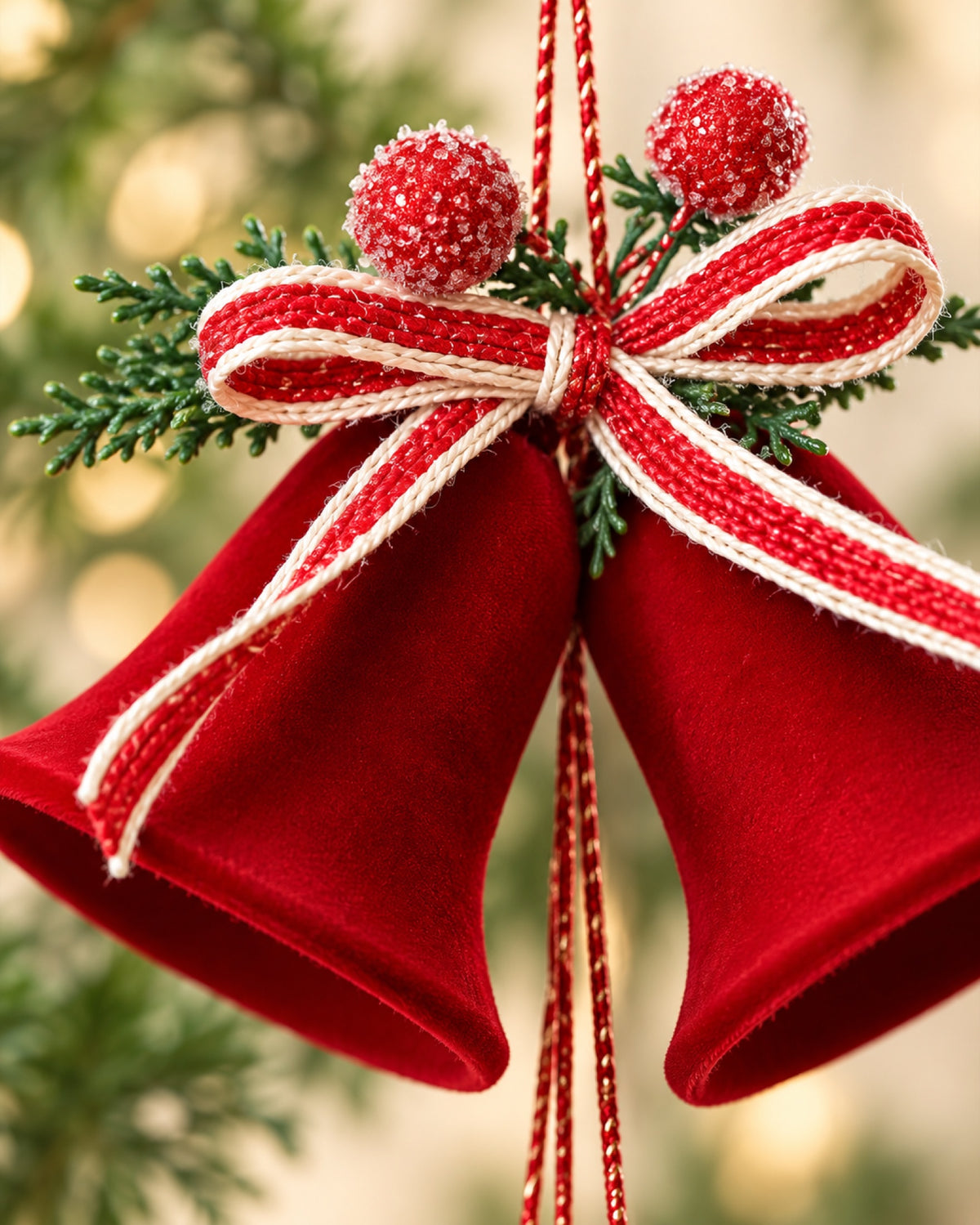 Campanas Navideñas de Terciopelo Rojo para Colgar, detalle