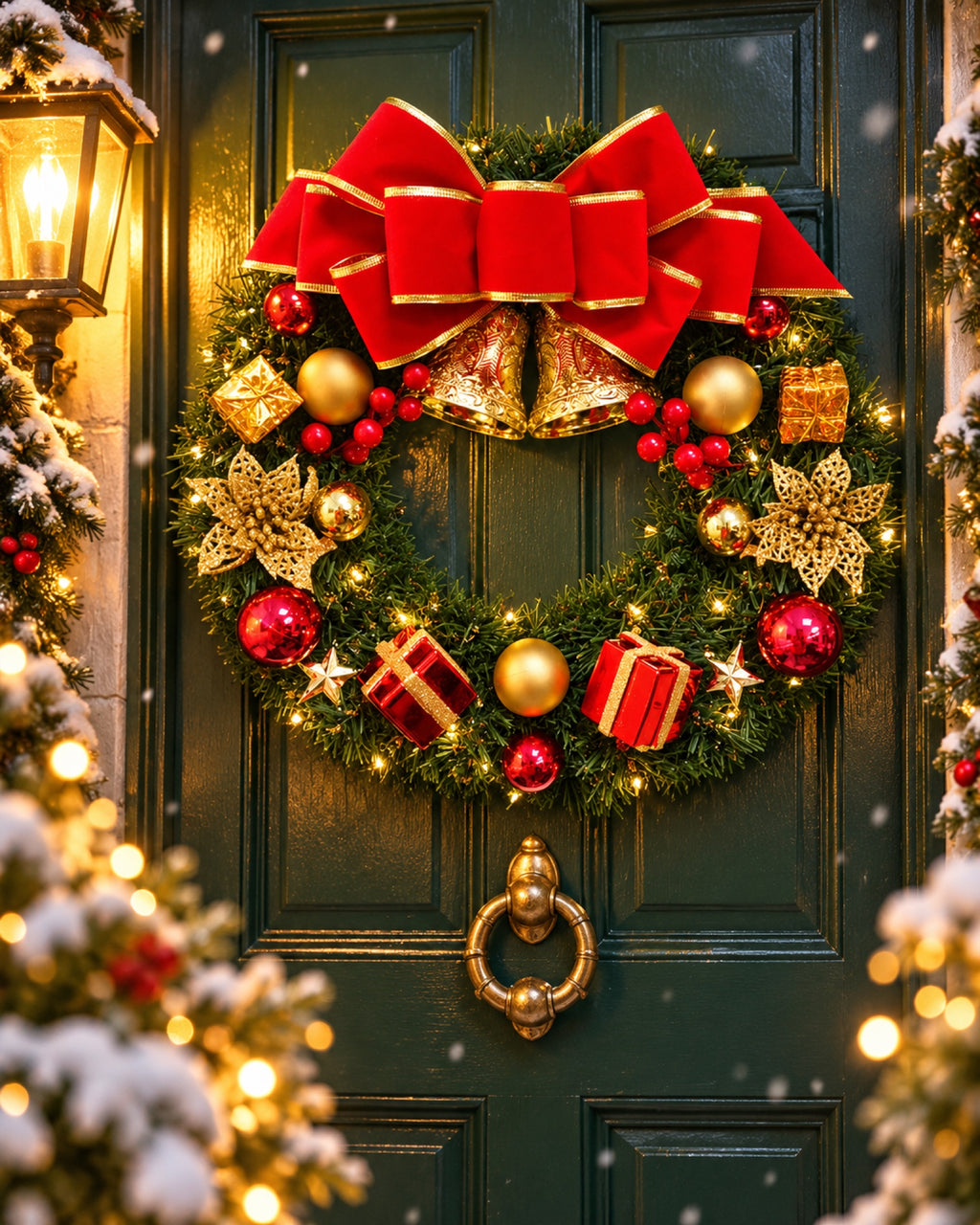 Corona de Navidad para puerta con piñas y escarcha en una casa decorada para Navidad