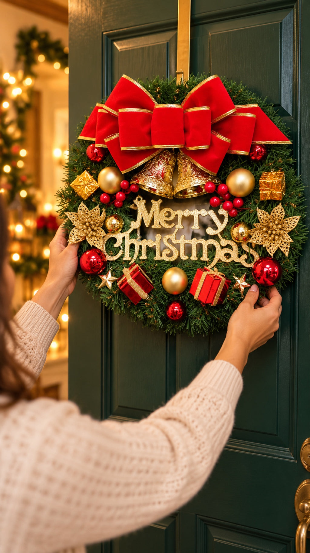 Corona de Navidad para puerta con piñas y escarcha en familia