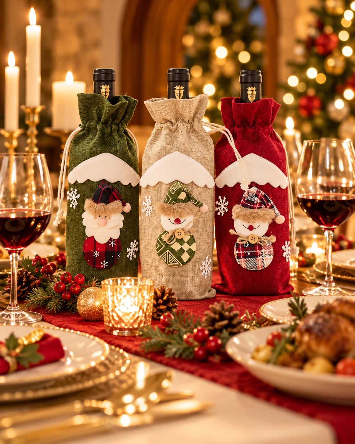 Botellas de vino con fundas navideñas en la mesa de Nochebuena