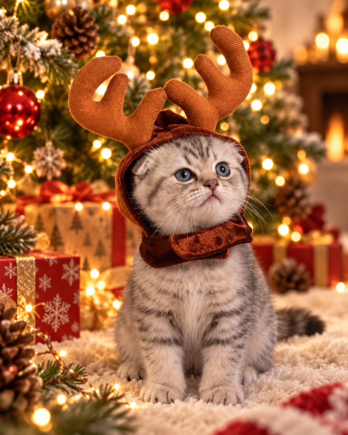 Gorro de reno navideño para perro y gato en una casa decorada para Navidad