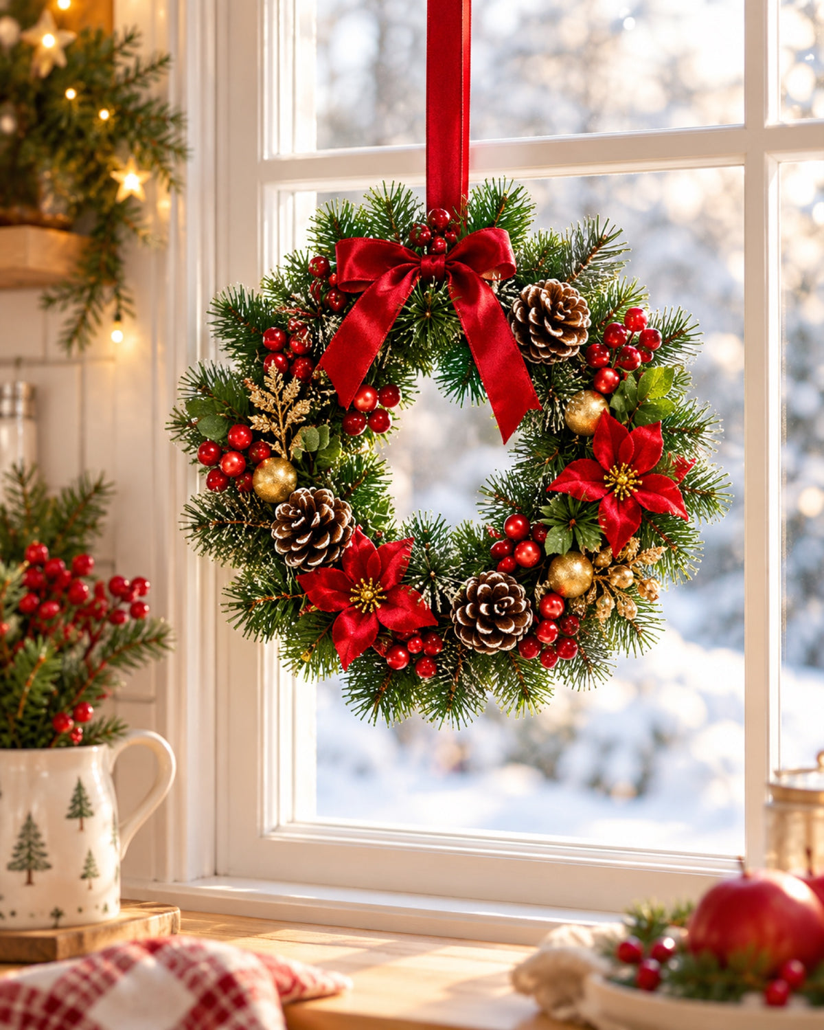 Corona navideña decorativa de 30 cm en una casa decorada para Navidad