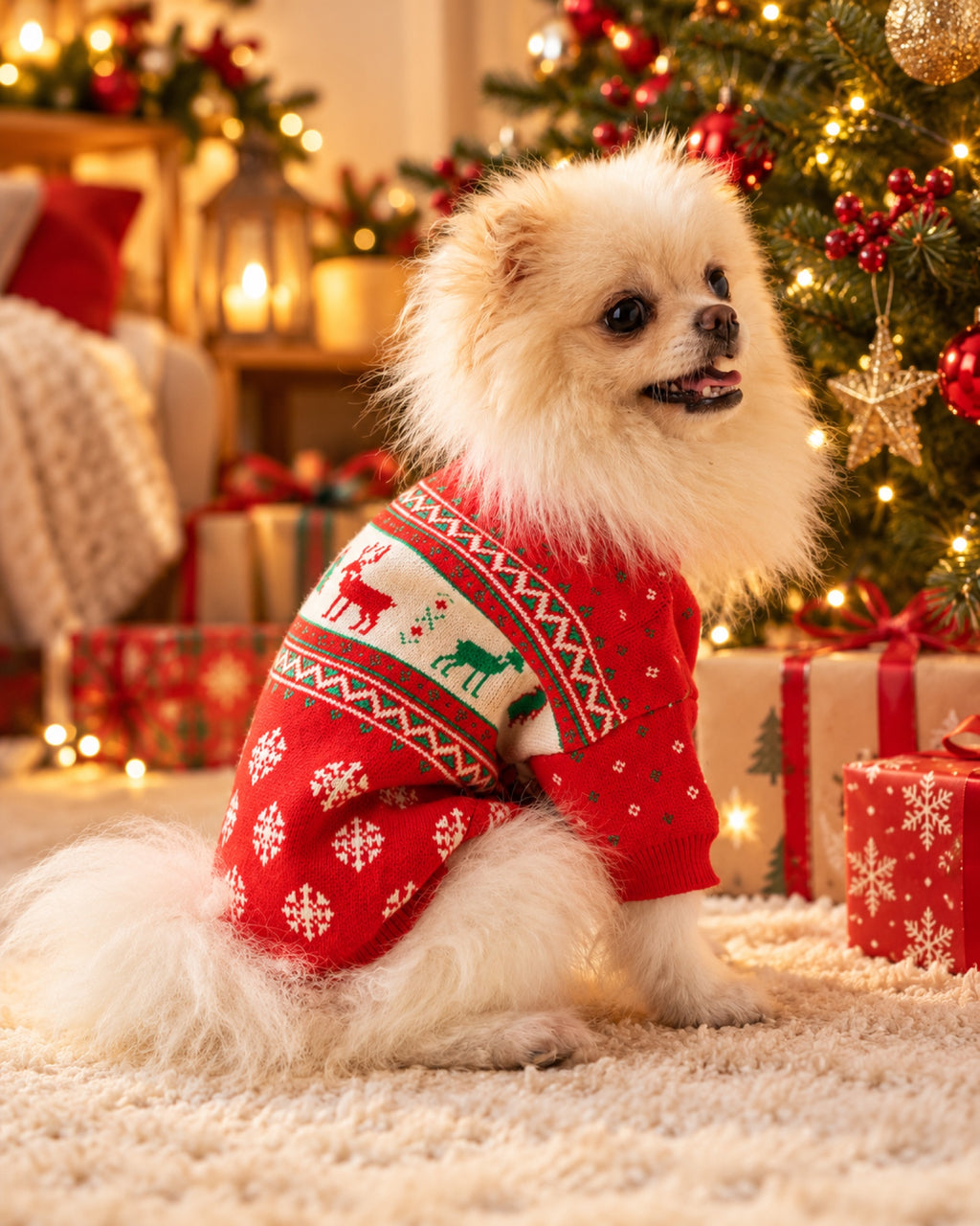 Jersey navideño para perro en una casa decorada para Navidad