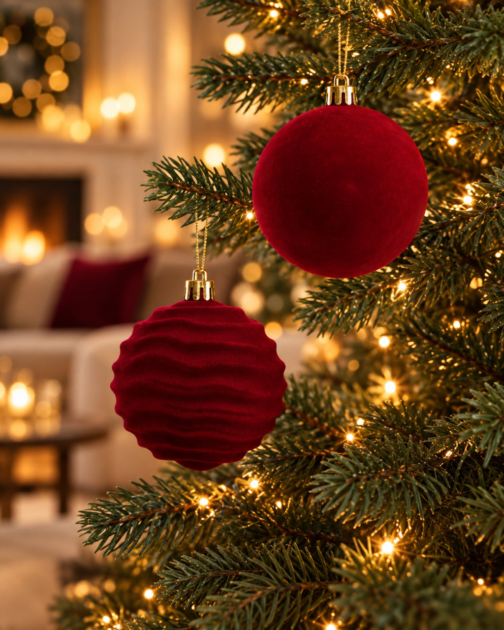 Set de 12 Bolas de Navidad de Terciopelo (Granate o Champán) en una casa decorada para Navidad