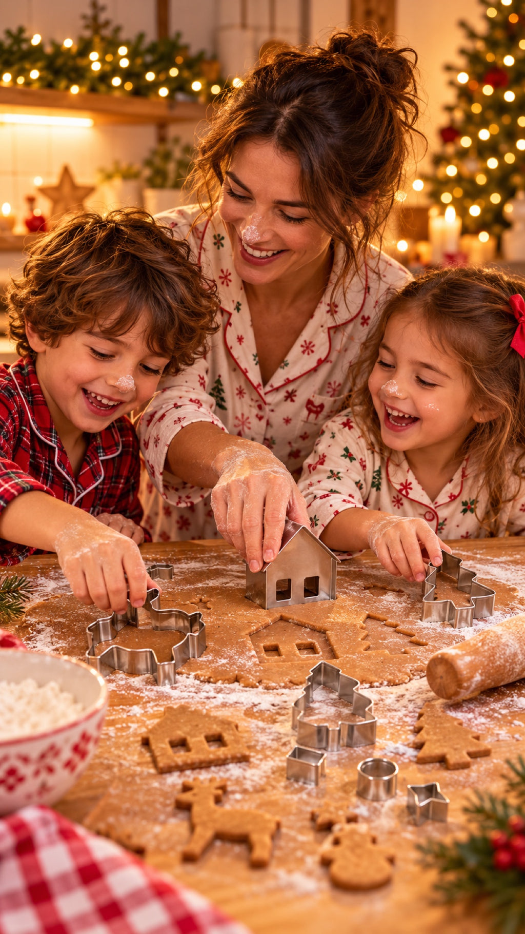 Madre e hijos cortando galletas de jengibre en la cocina