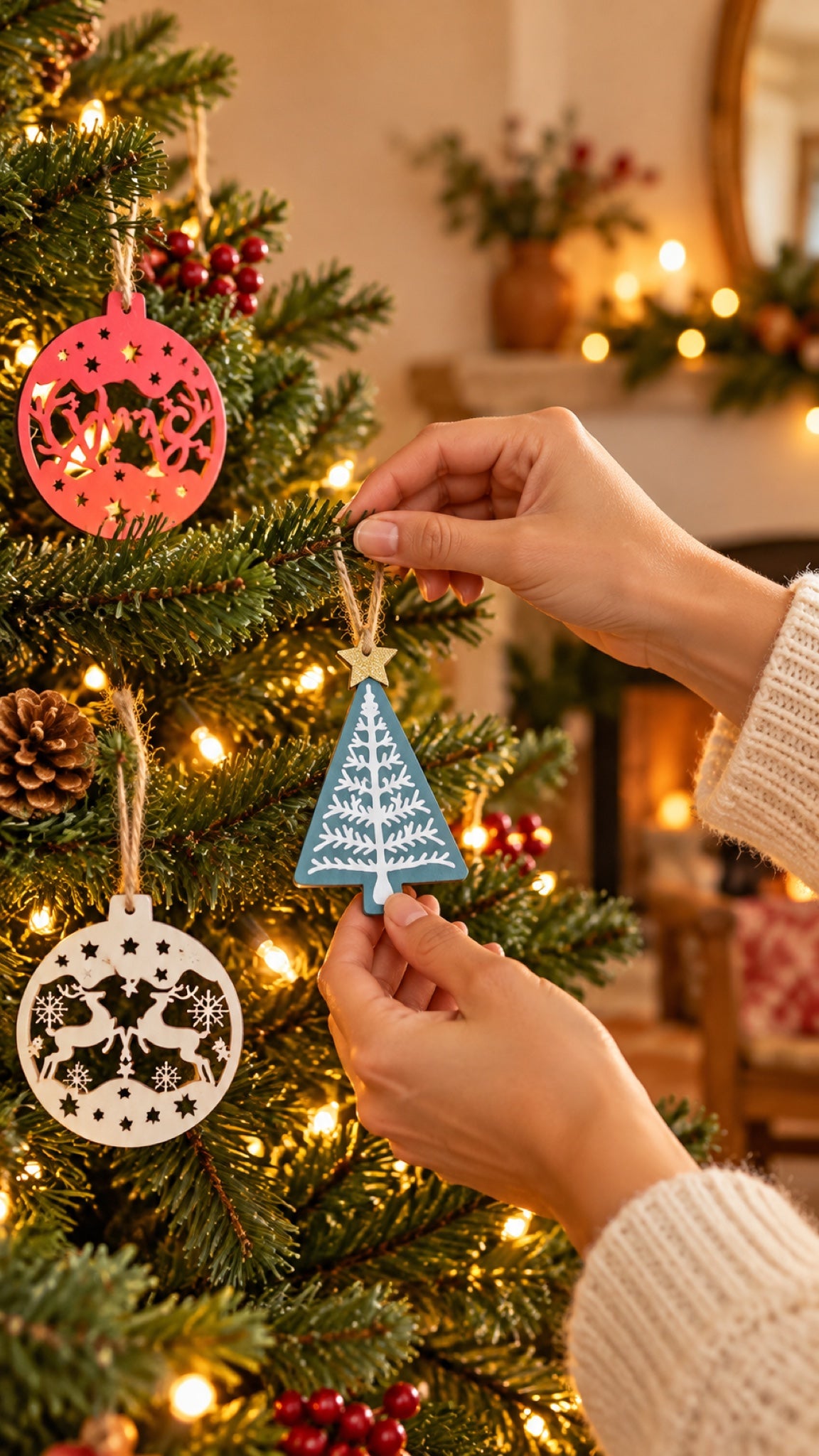Adorno nórdico de madera para el árbol en familia