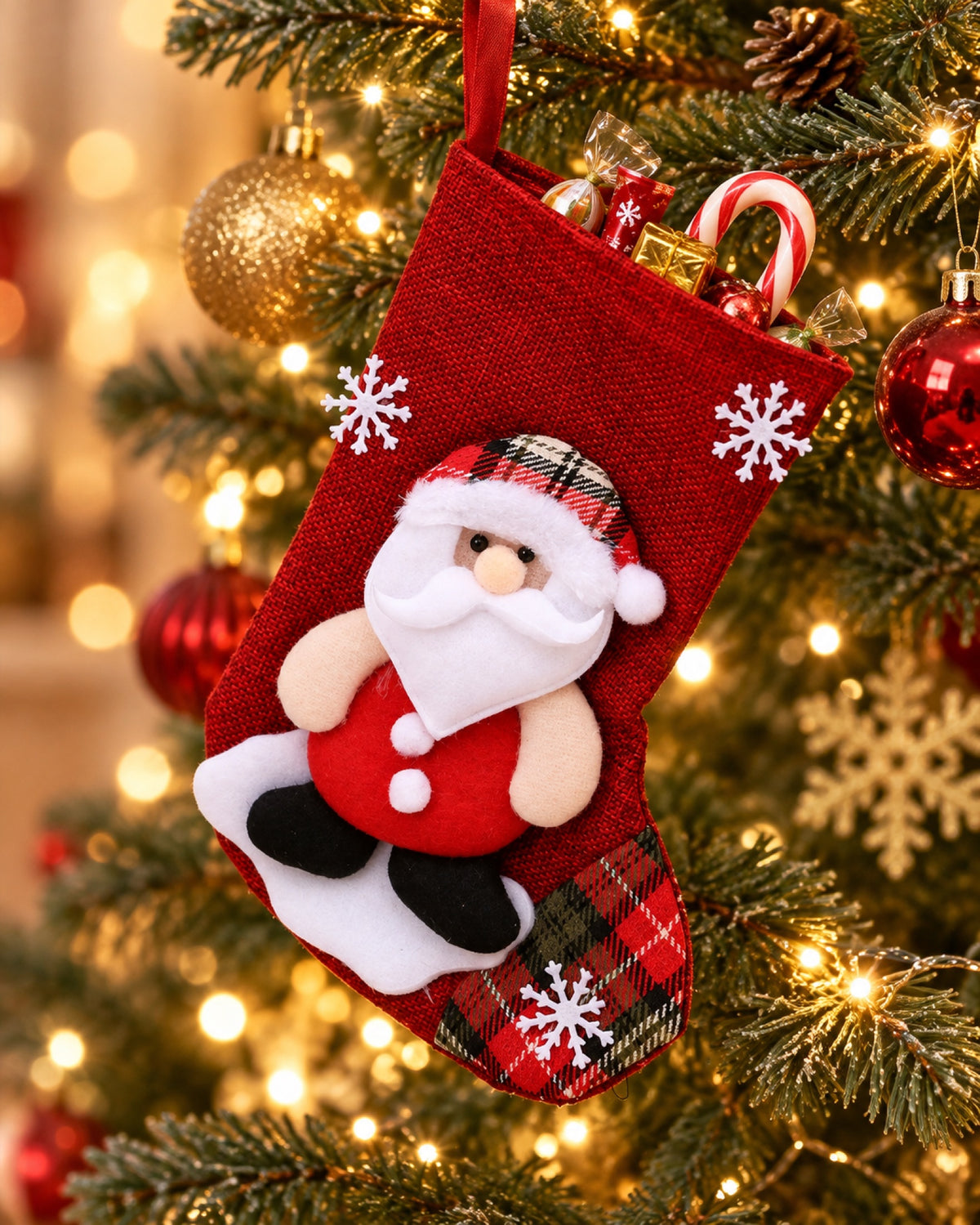 Bolsa de regalo navideña para colgar en una casa decorada para Navidad