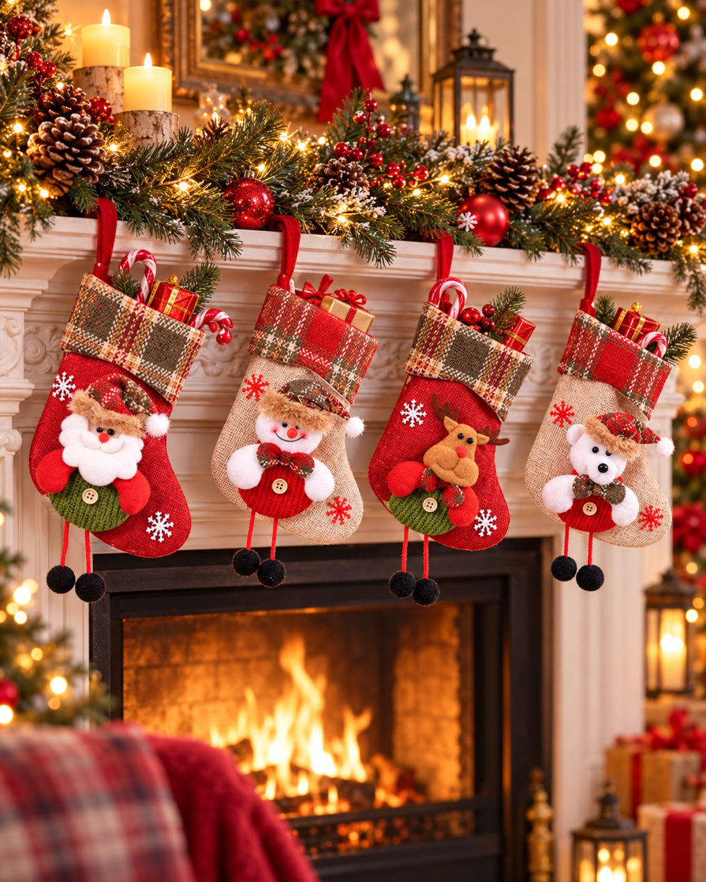 Calcetín de Navidad para colgar en una casa decorada para Navidad