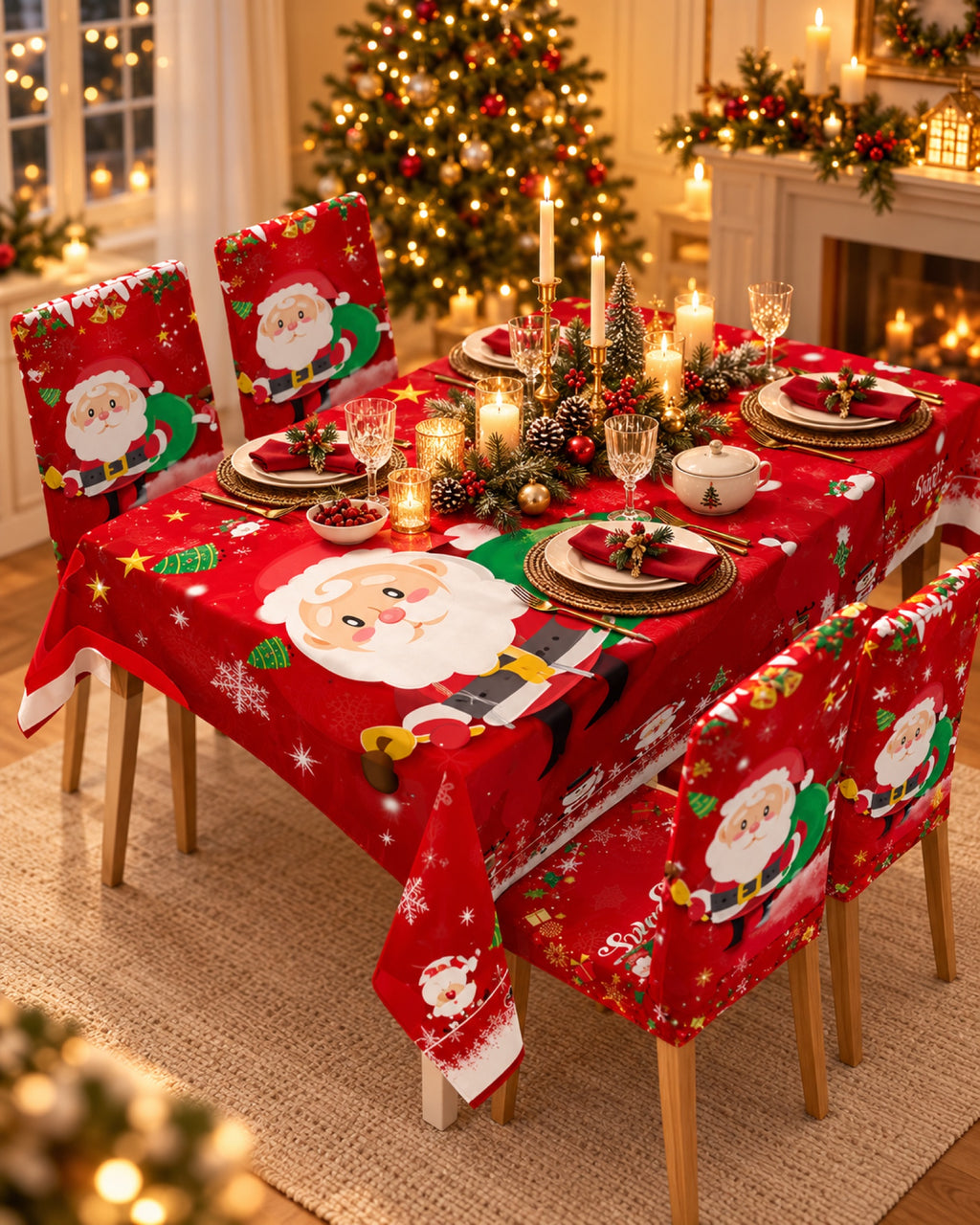 Mantel y fundas de silla navideños en una casa decorada para Navidad