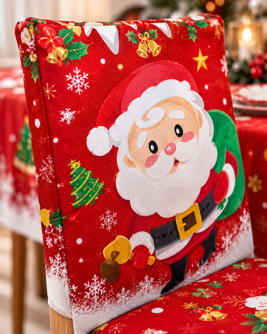 Mantel y fundas de silla navideños, detalle