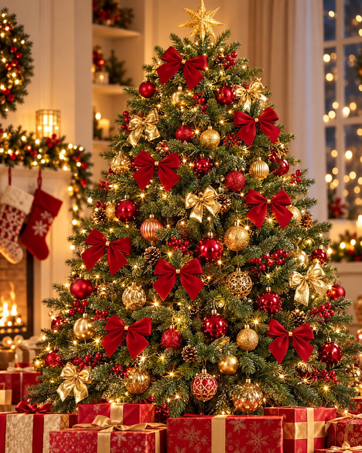 Lazo decorativo para el árbol de Navidad en una casa decorada para Navidad