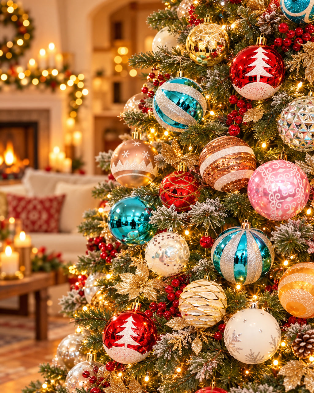 Set de 24 bolas de Navidad brillantes de 6 cm en una casa decorada para Navidad