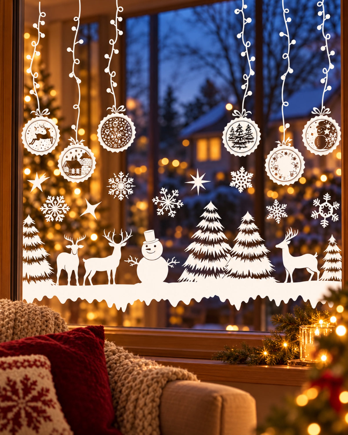 Vinilos navideños para ventanas en una casa decorada para Navidad