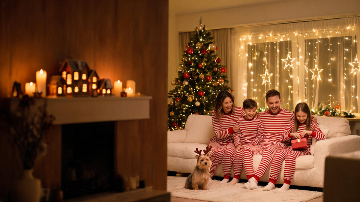 Familia en pijamas de Navidad a juego en un salón decorado